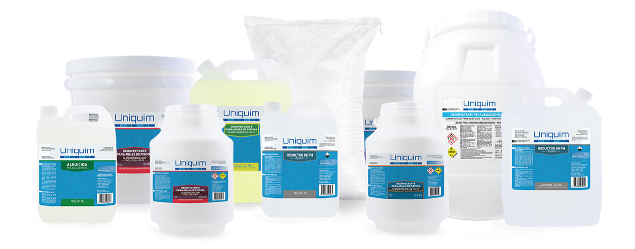 Productos químicos de alta calidad para limpieza, desinfección y mantenimiento de piscinas, entre ellos cloro, ácido y sulfato